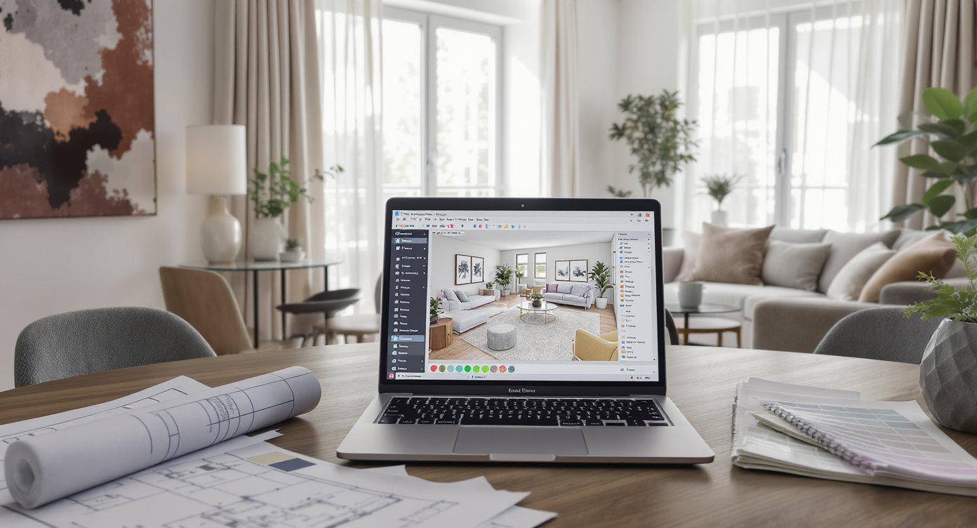 Laptop displaying digital room layout software on a dining table surrounded by fabric swatches, paint samples, and floor plans in a sunlit apartment.