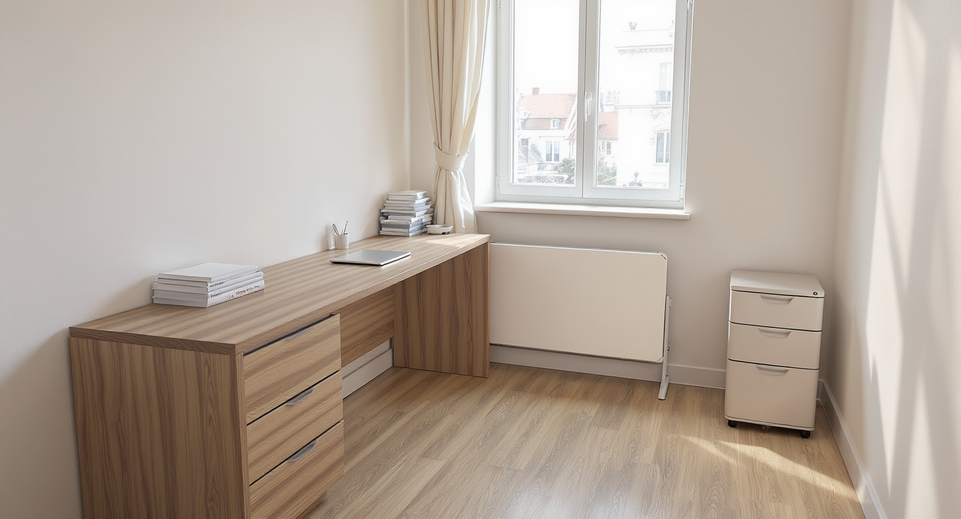 Photorealistic apartment WFH nook with a long desk under a window, modular units, and a slim rolling filing cabinet in a tidy shared room.