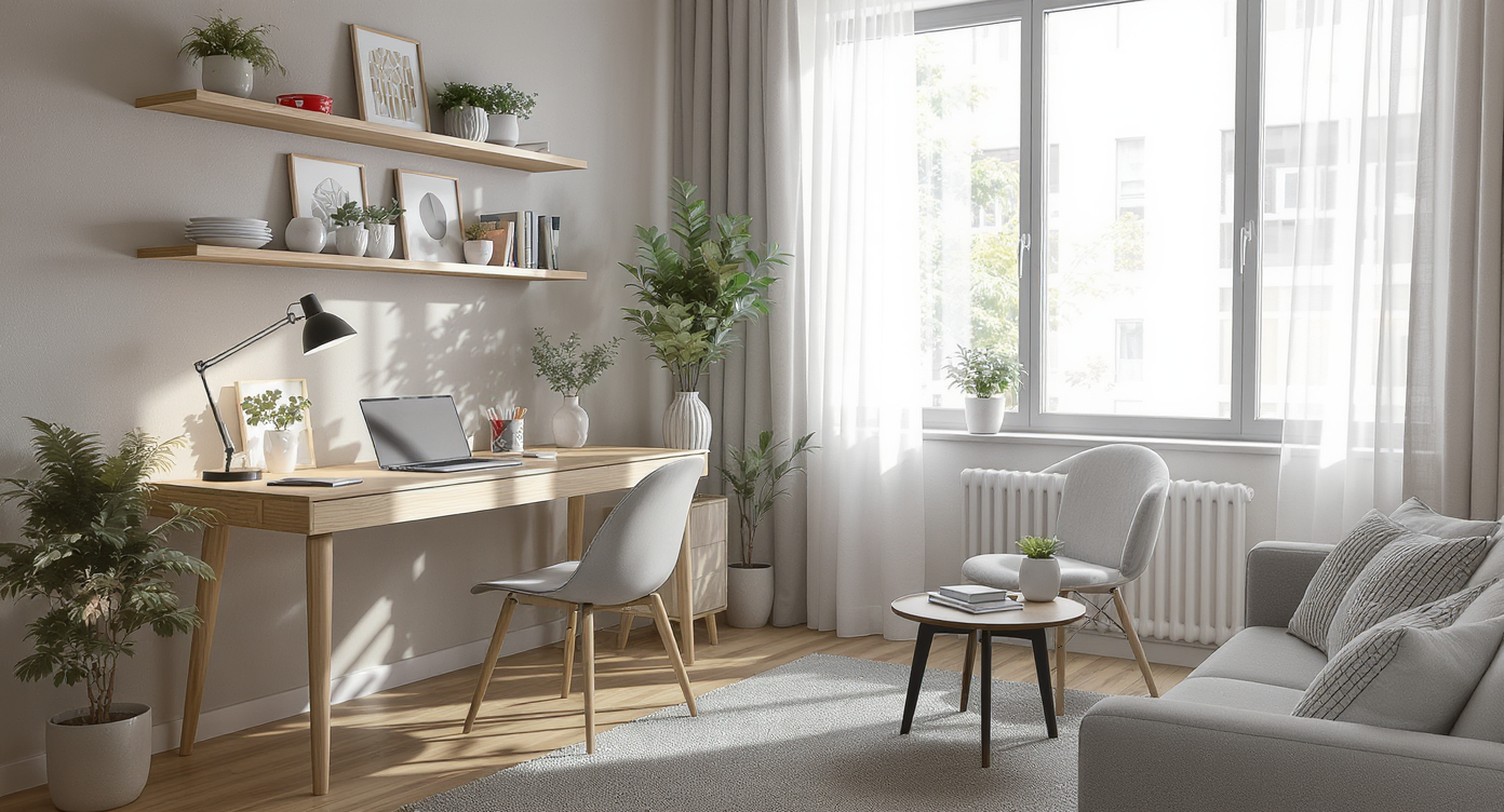 Modern small apartment with a seamless dining area and work-from-home desk, featuring natural light, urban accents, and minimalist decor.
