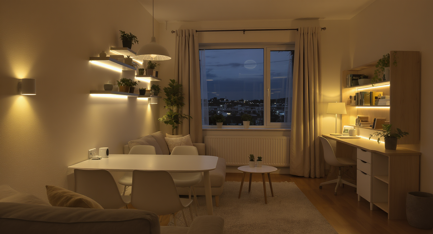 Small apartment scene showing plug-in sconces, battery puck lights, LED shelf strips, and a tall task lamp creating ambient lighting zones.
