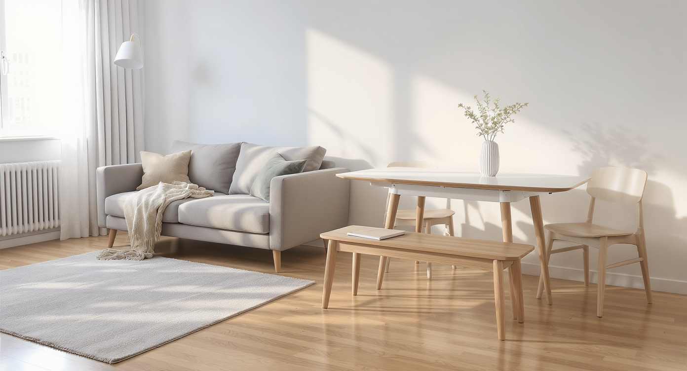 Photorealistic small apartment with a slim sofa, compact extendable dining table, and stowed benches and stackable chairs maximizing usable space.