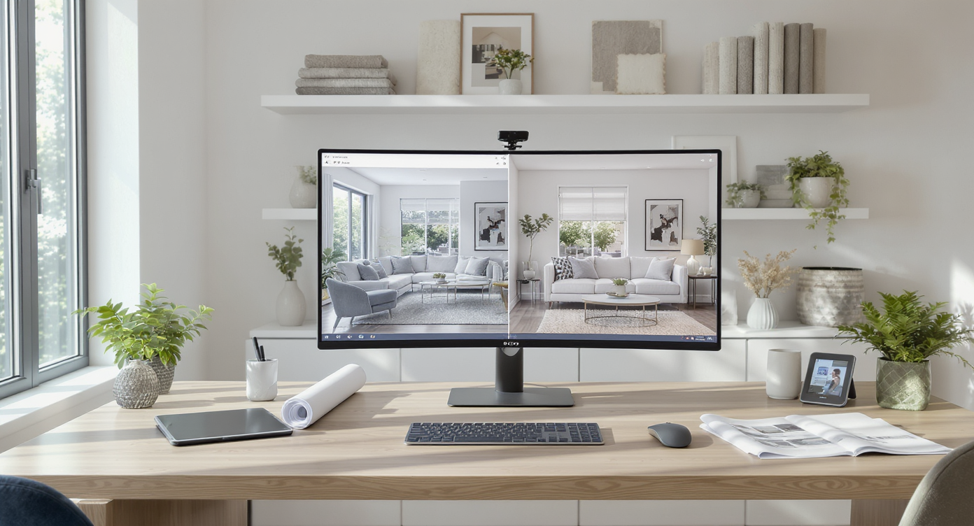 Ultra-realistic, modern home office setup showing a monitor with virtual staging revisions, design tools, and samples—no people present.