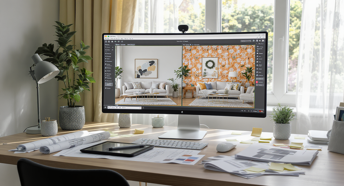Modern home office with a computer displaying two virtually staged living rooms side-by-side, surrounded by swatches, printouts, and staging tools.