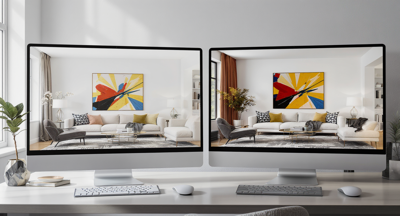 A realistic desk setup showing two monitors, each with a differently staged living room, plus brochures, color swatches, and a floor plan tablet.