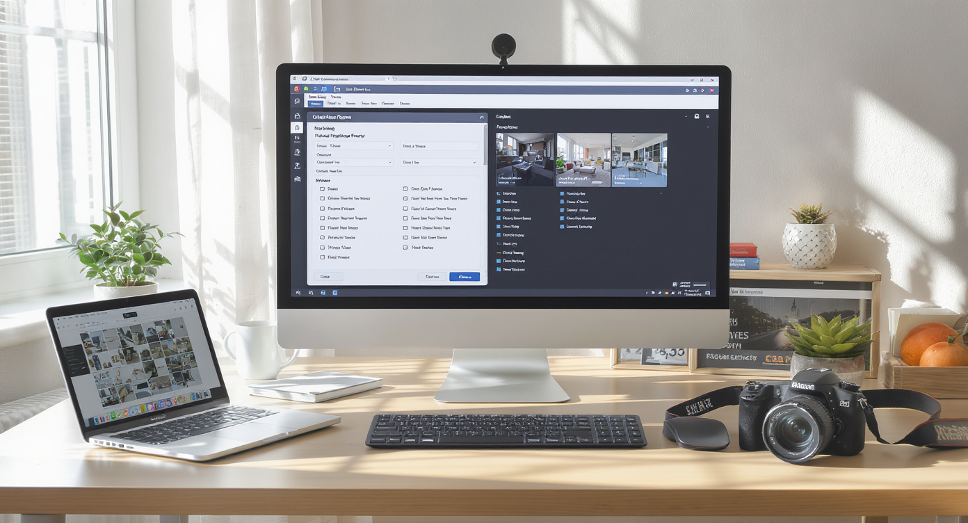 A photorealistic home office workspace with a monitor displaying a virtual staging feedback form, marked-up interior image, and timezone clock panel.