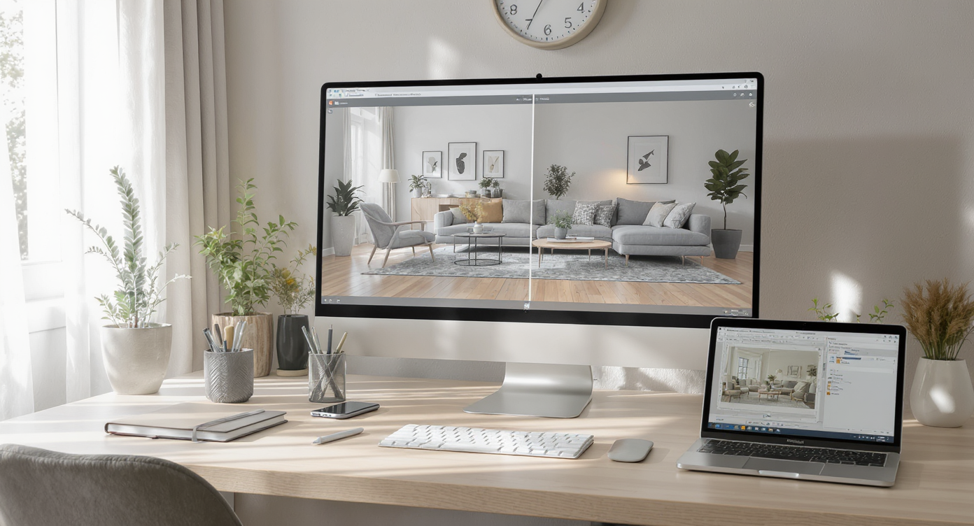 Photorealistic modern workspace: computer monitor displays virtual staging mock-ups, surrounded by tablets, phone, and notes—no people visible.