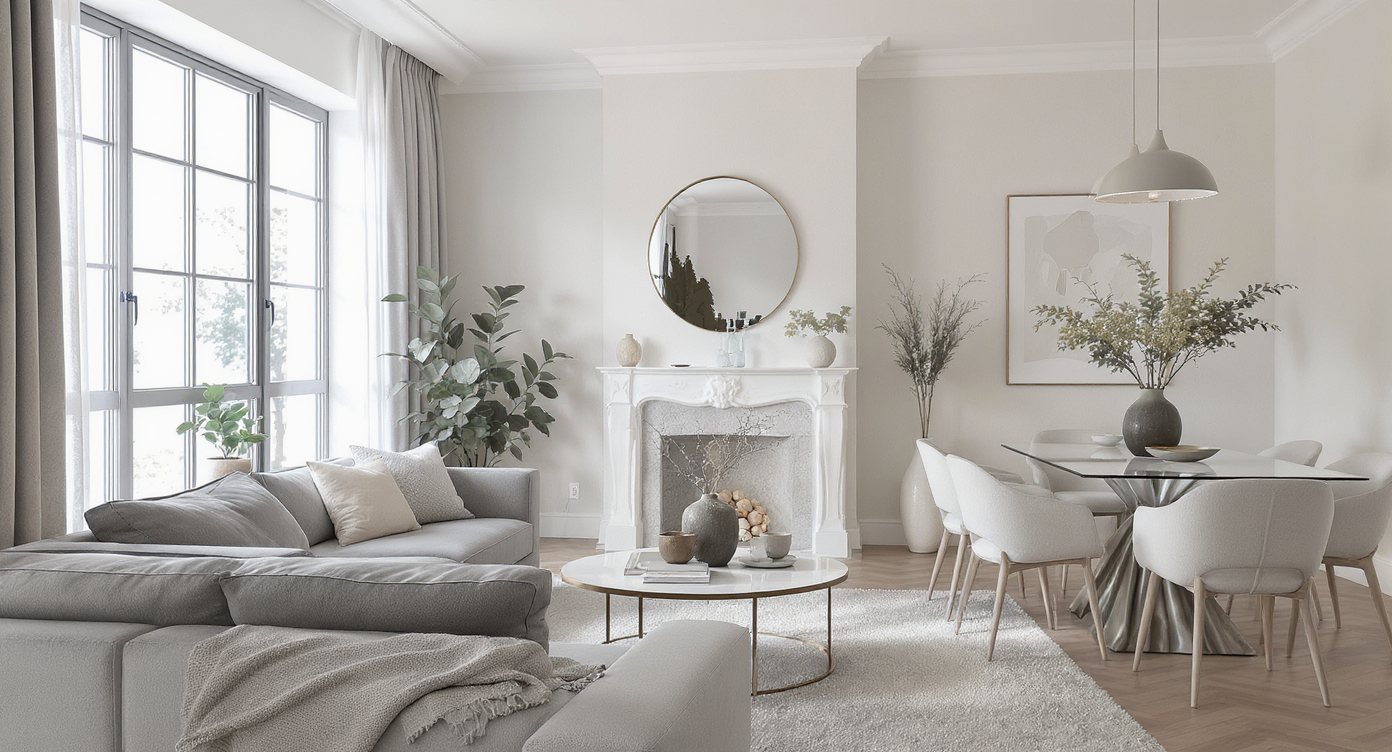 Modern home interior showing staged living and dining rooms with stylish furniture while an adjacent secondary room remains empty for comparison.