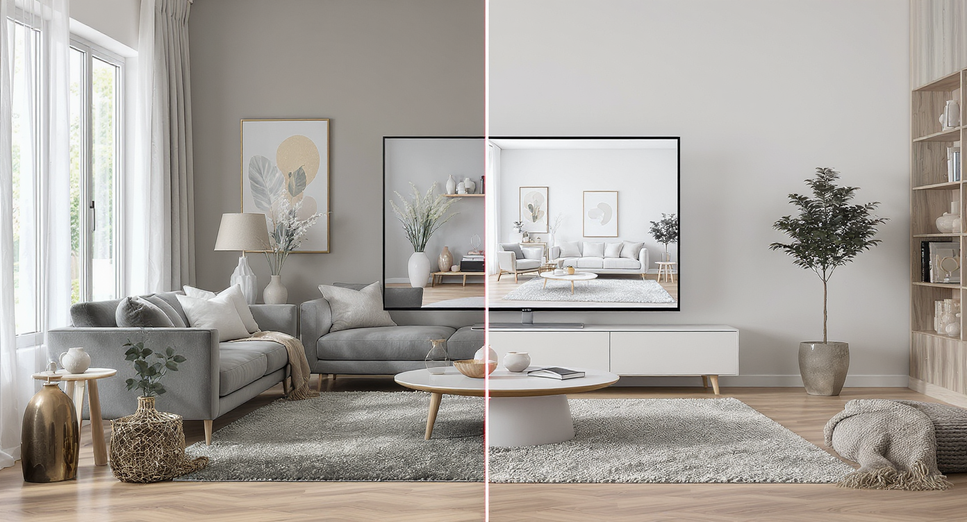 A modern living room split to show real furnished staging on one side and an empty space with a laptop displaying virtual staging on the other.