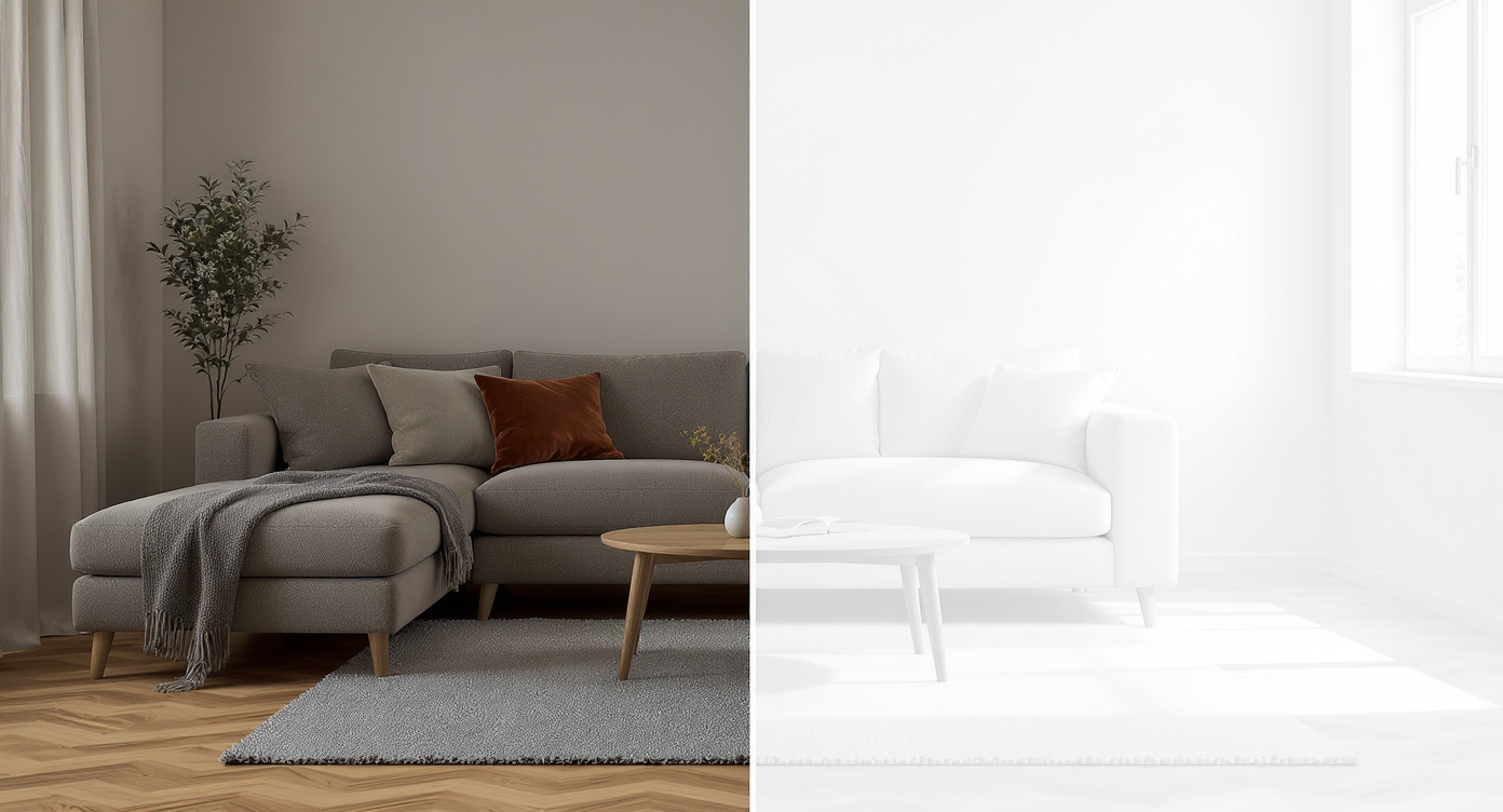 A modern living room displayed side-by-side: left half with basic, unrealistic virtual furniture overlays, right half empty and pristine.