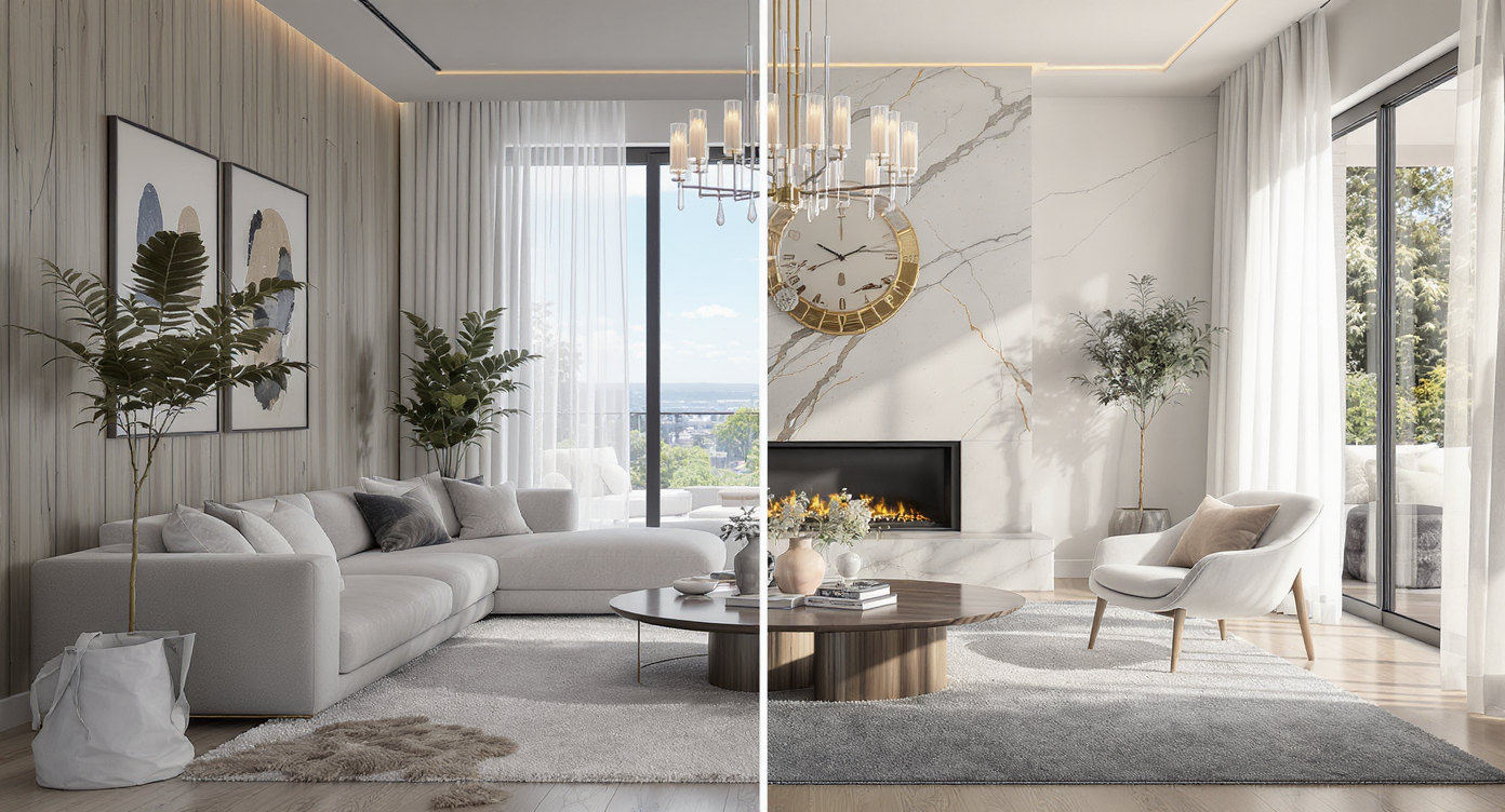 A modern luxury living area, one side physically staged with designer furnishings, the other side showing virtual staging options on a tablet for comparison.