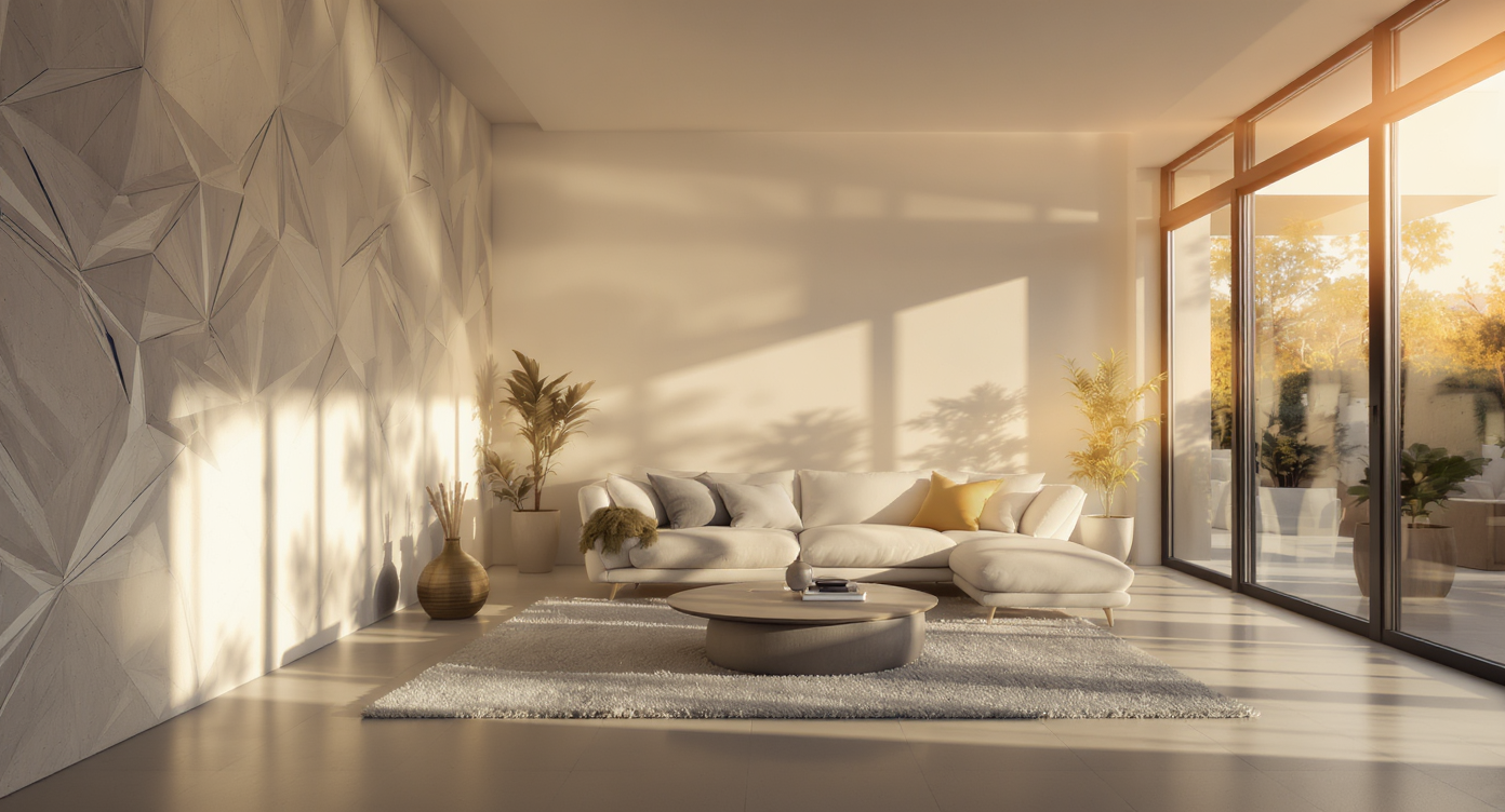 A split-scene modern living room, one side empty and the other shown virtually staged on a laptop, with a phone displaying a staging app.