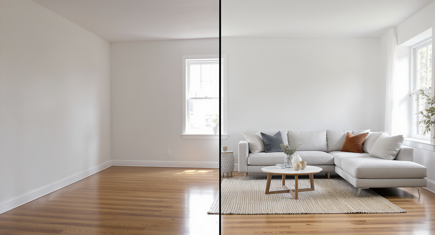 Photorealistic split view of the same vacant living room: left side empty, right side digitally staged with realistic modern furniture and decor.