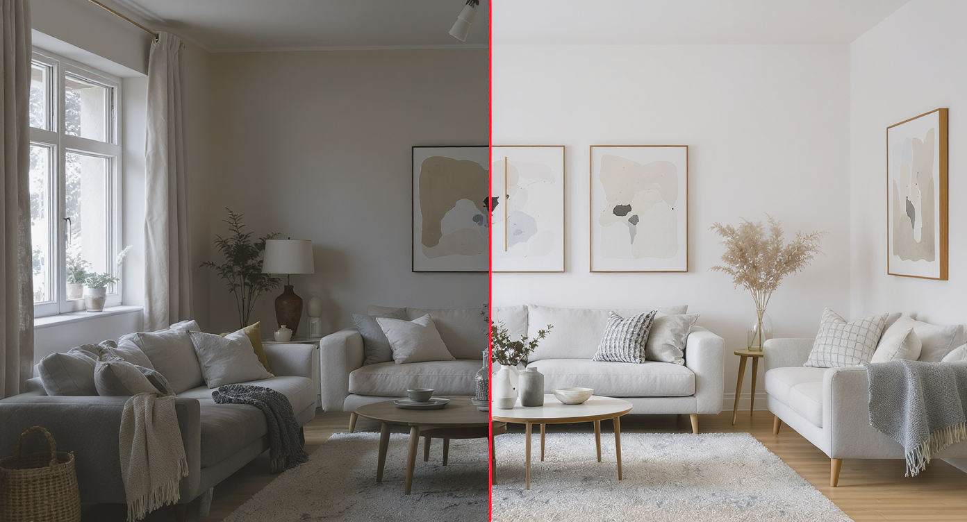 Split-view modern living room showing one half in raw, unstaged condition and the other half virtually staged and expertly edited for real estate.