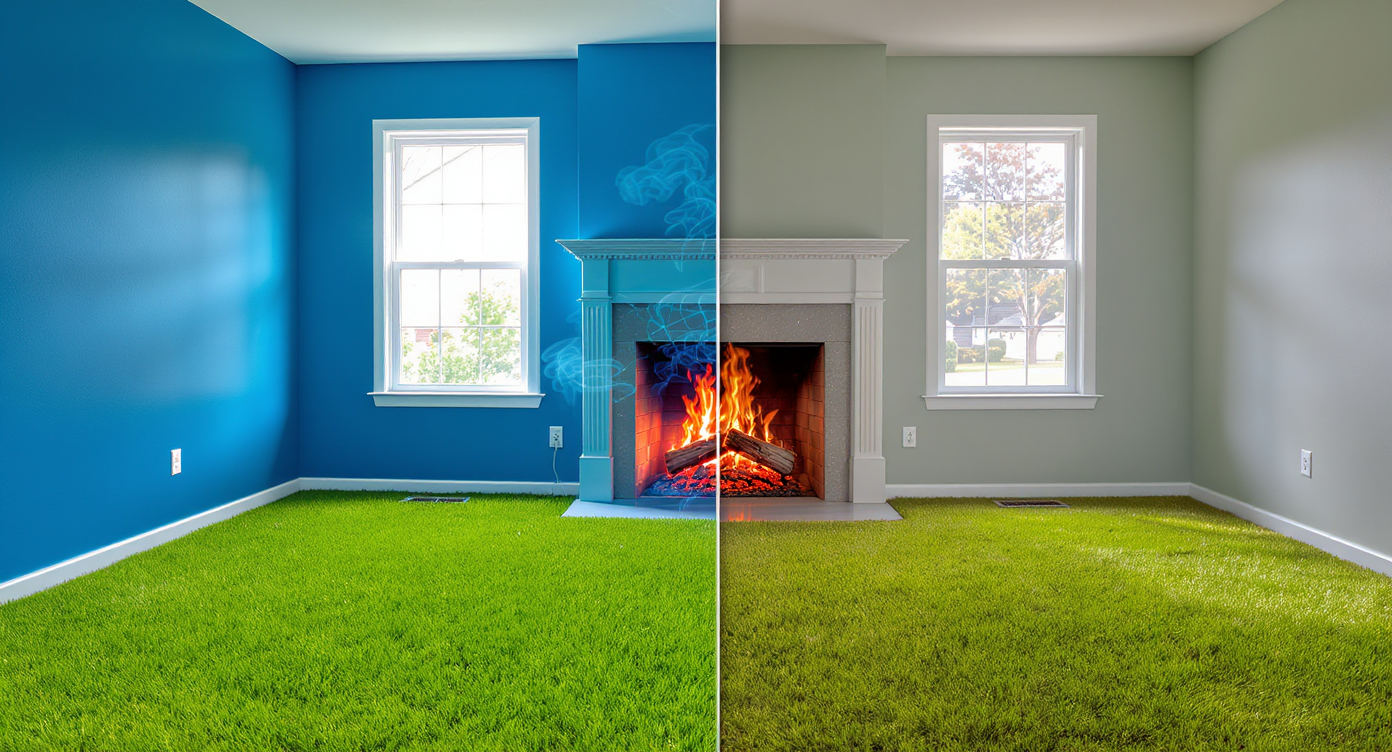 Split-screen of a living room; left half with unrealistic enhancements like vivid colors and flawless lawn, right half natural and unedited.