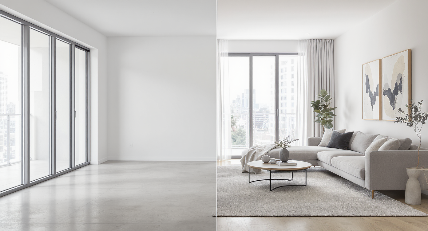 A modern vacant living room, half shown as empty and half with realistic virtual staging, highlighting real estate photo editing advancements.