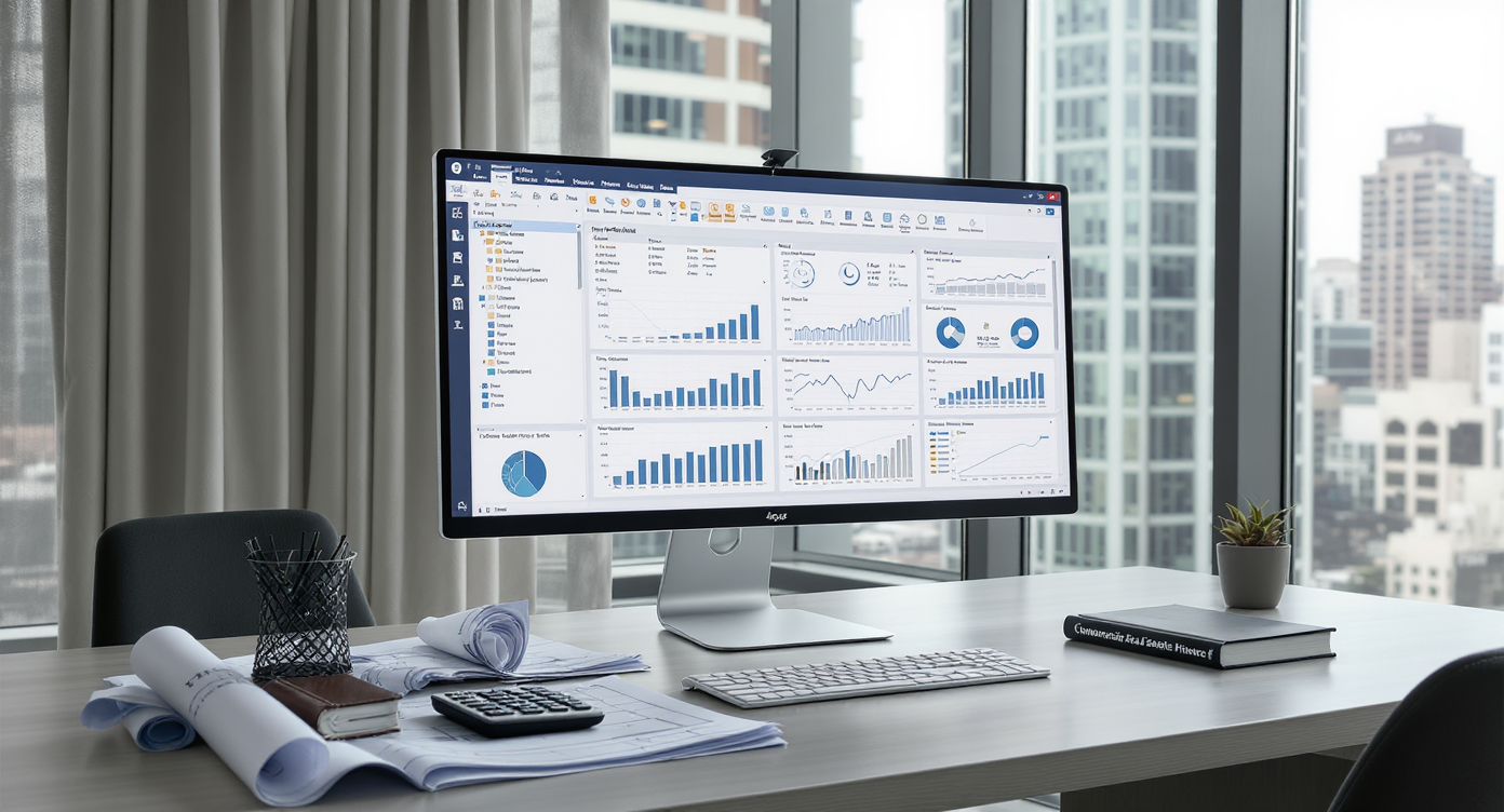 A modern workstation with a monitor displaying Argus financial modeling software, surrounded by engineering blueprints and a real estate finance book.