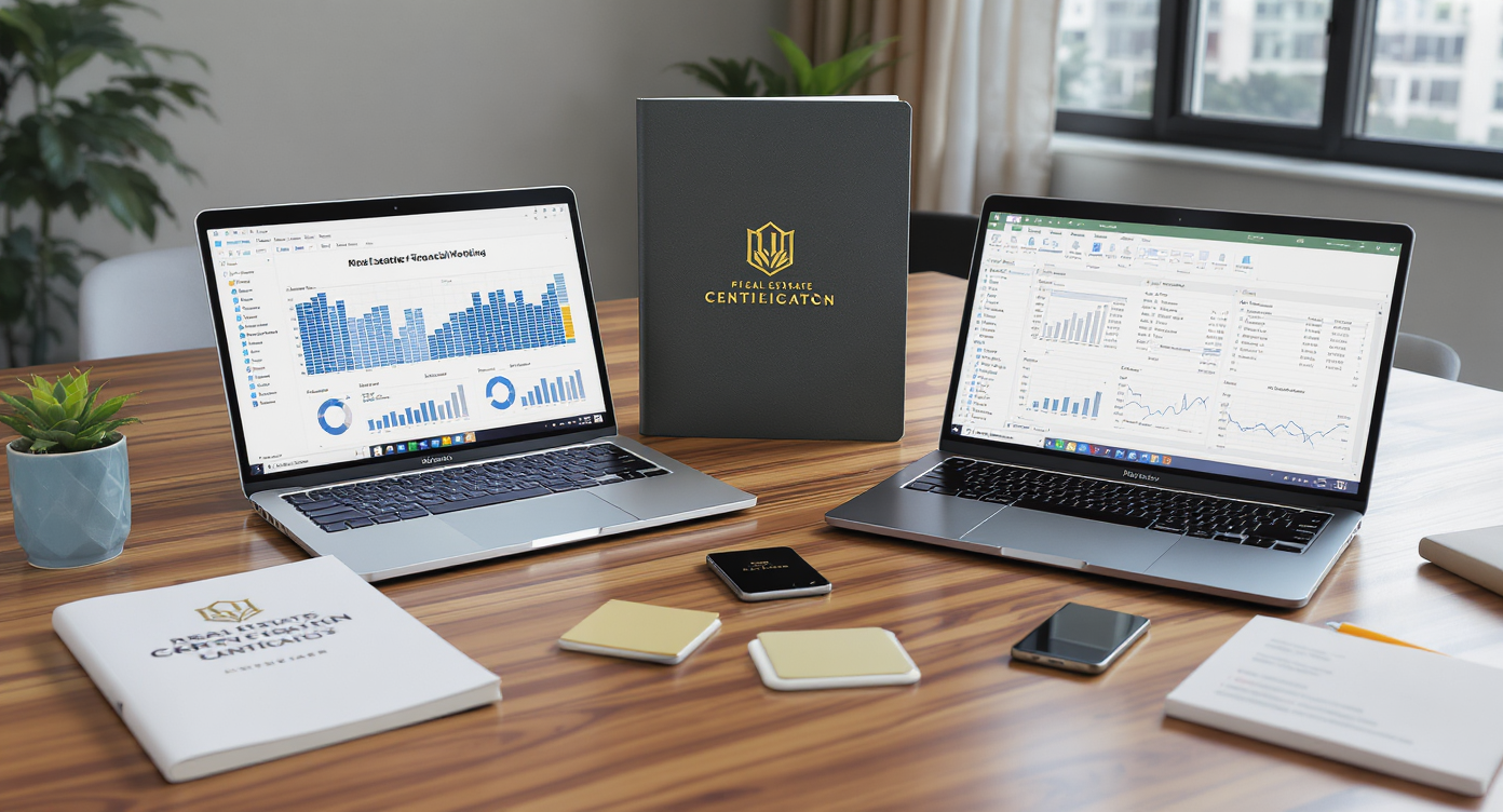 A workspace with two laptops: one shows real estate modeling software and certification materials, the other runs spreadsheets, illustrating formal vs. self-taught Argus training.