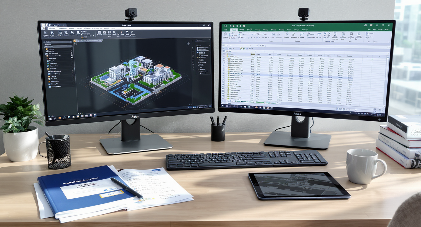 A dual-monitor workspace shows an Argus model and Excel lease analysis, with printed models, certification folder, course tablet, textbooks, and notes.