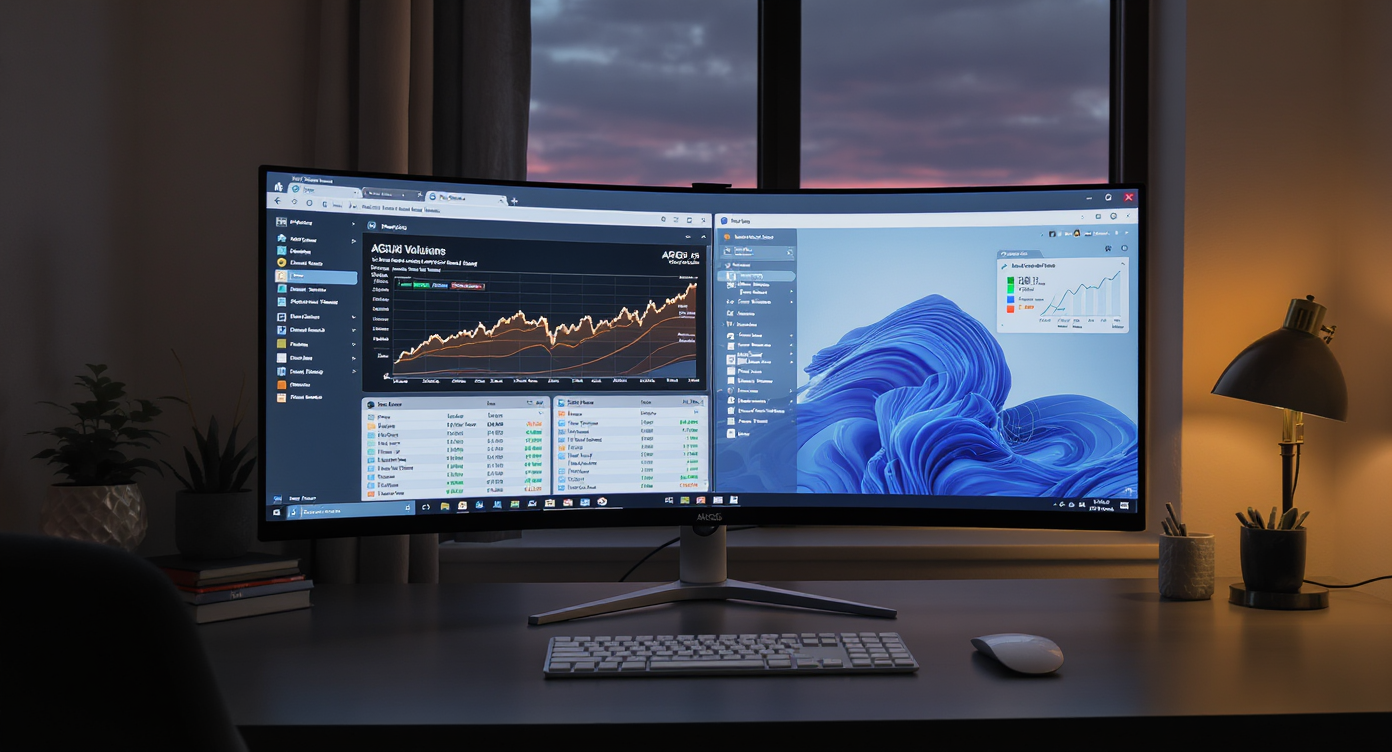 A home office desk at dusk with a monitor displaying demo ARGUS software, spreadsheets, and data visualization, plus a tablet set up for a real estate webinar. Printouts, sticky notes, and a reusable coffee cup are visible.