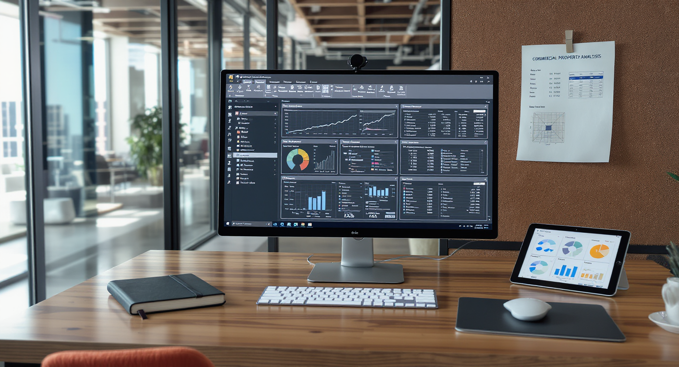 Modern office desk with computer displaying Argus Enterprise software, surrounded by engineering tools and commercial property documents, no people visible.