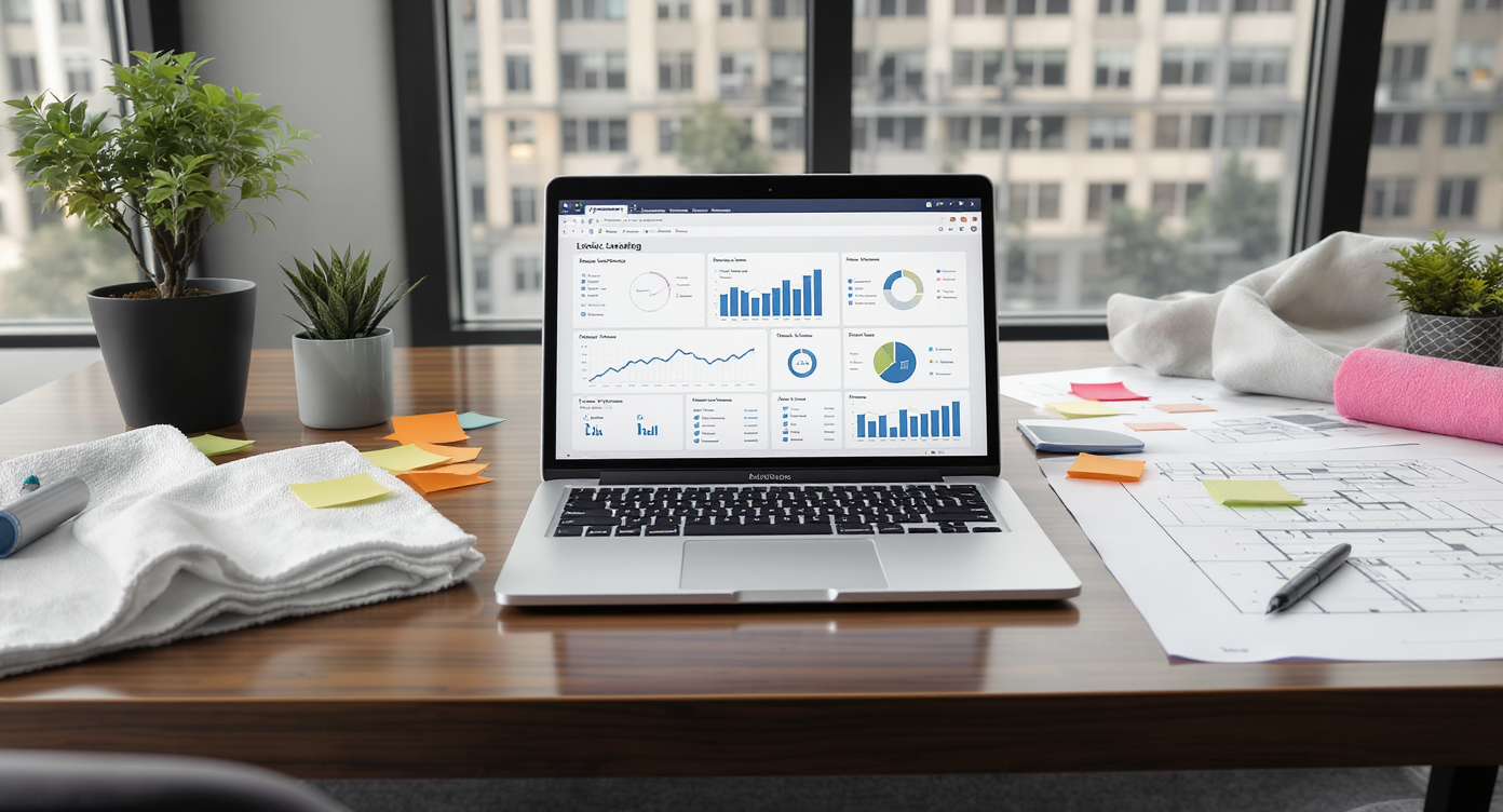 A modern office workspace displays floorplans, a laptop with financial analytics, and renovation material samples, overlooking a flexible office layout.