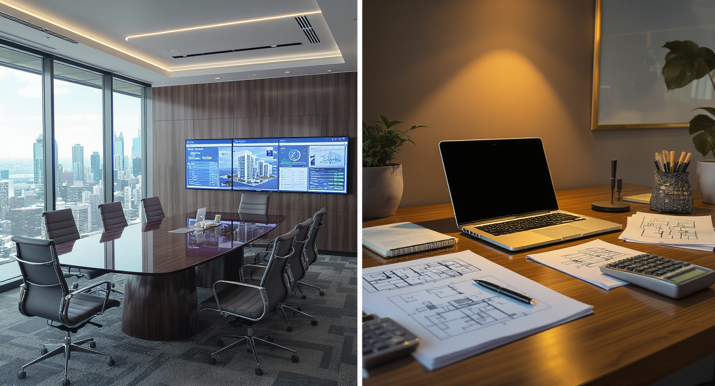 Side-by-side offices: a high-tech meeting space with Argus software on screens beside a smaller office with property docs, laptop, and calculator, no people.