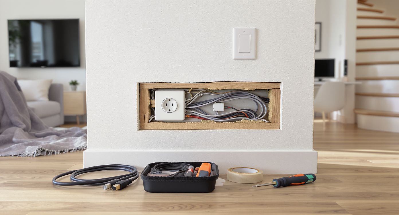 A modern home interior with a wall outlet opened for cabling, tools and cables nearby, showing both a living room TV and an upstairs office.