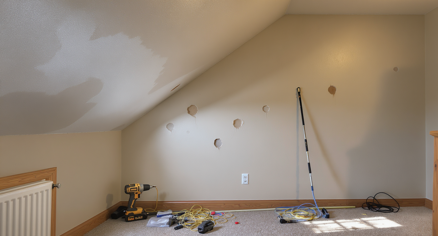 Realistic image of an office wall with patched holes, tools, and in-wall-rated cable behind baseboards, connected to a living room ceiling with repair spots.