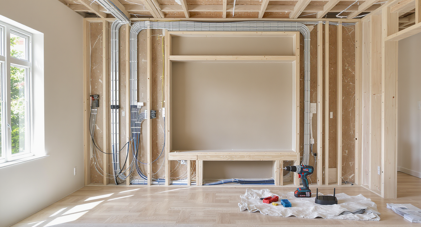 A realistic home living room with exposed wall sections showing organized cabling installation, tools, and networking equipment mid-setup.