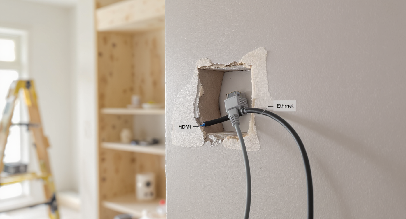 A detailed renovation scene shows HDMI and Ethernet cables routed through wall studs, baseboards and trim removed, and matched outlet plates nearby.