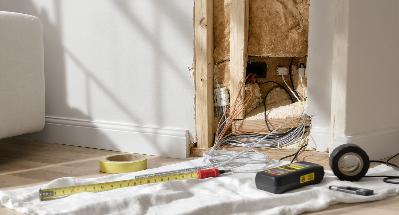 In a sunlit modern living room, cable installation tools and exposed wall sections illustrate both DIY and professional approaches to home cabling.