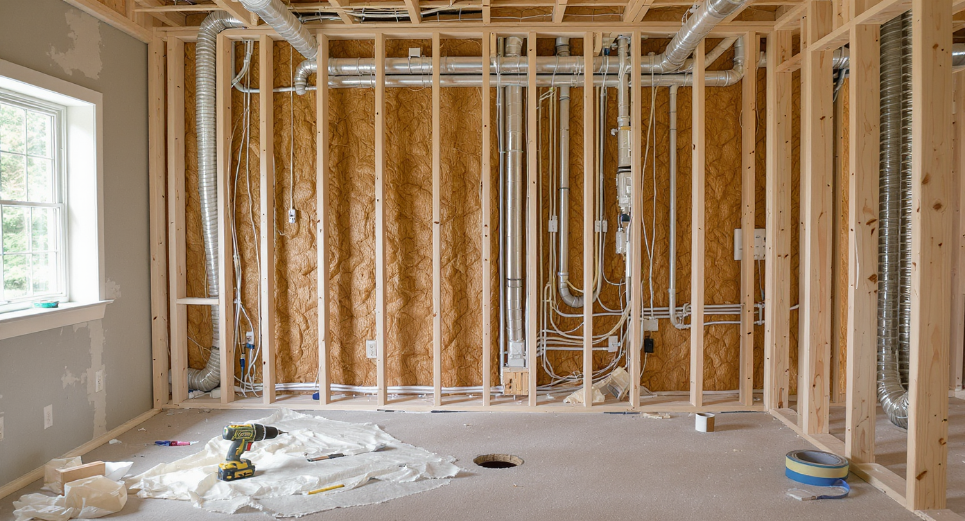 Photorealistic cutaway of a house wall exposing wood framing, floor plate, insulation, wiring, plumbing, drill, and cable-routing tools.