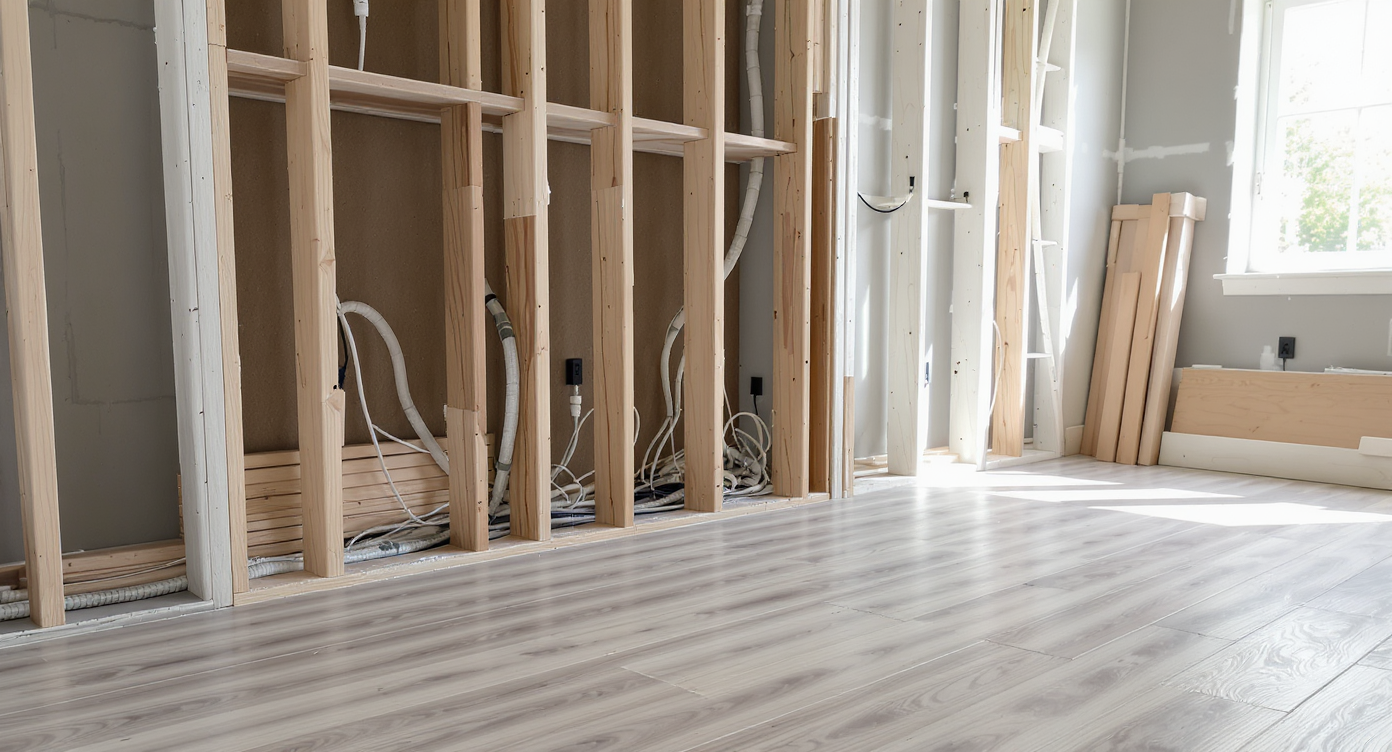 A home remodel scene with opened walls and new flooring, showing neatly installed conduits and pull-lines ready for cable routing, no people present.