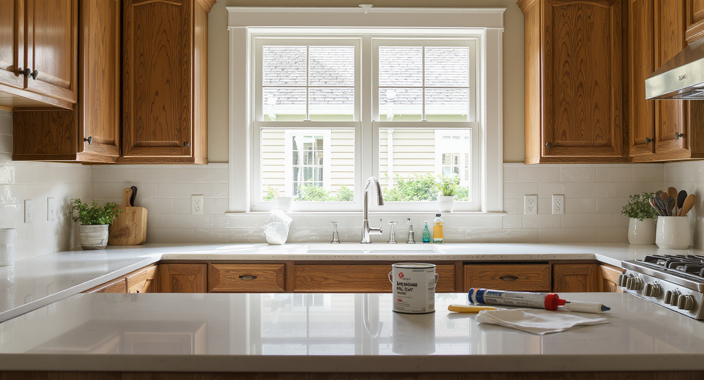 Sunlit old-home kitchen showing a new window and modern siding outside, with tools and materials suggesting recent expert remodeling decisions.