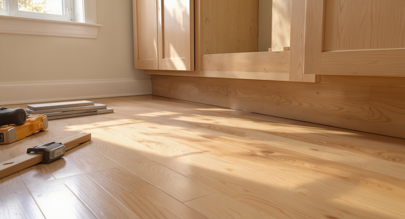 Kitchen under renovation showing hardwood floor installed beneath unfinished base cabinets, illustrating seamless flooring transition and construction clarity.