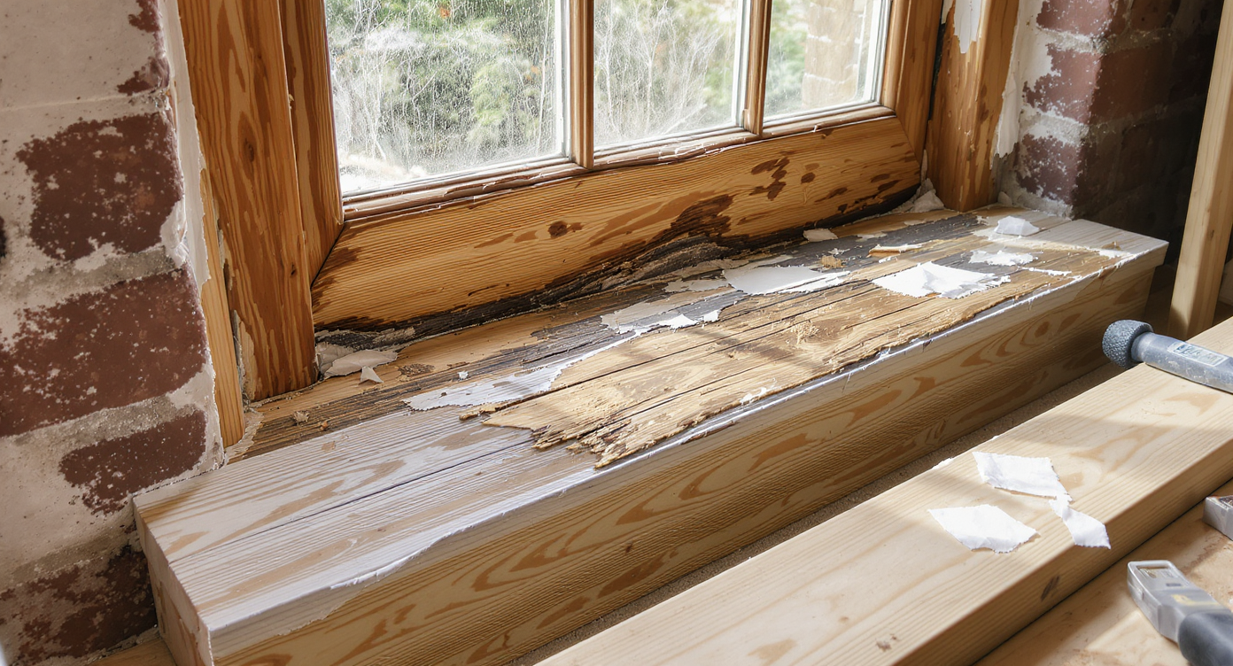 Rotten window sill partially removed, revealing water-damaged, decayed wood framing and new exterior-grade lumber ready for installation in an old home.