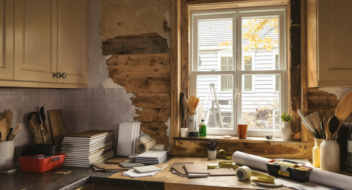 A realistic, sunlit old home kitchen in mid-renovation, showing stacked flooring samples, window trim, siding swatches, blueprints, and repair tools.