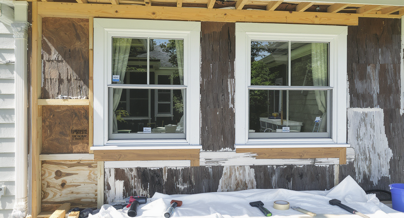 A realistic scene shows an old home where new windows, trim, and flashing are installed before adjacent siding work, with tools arranged below.