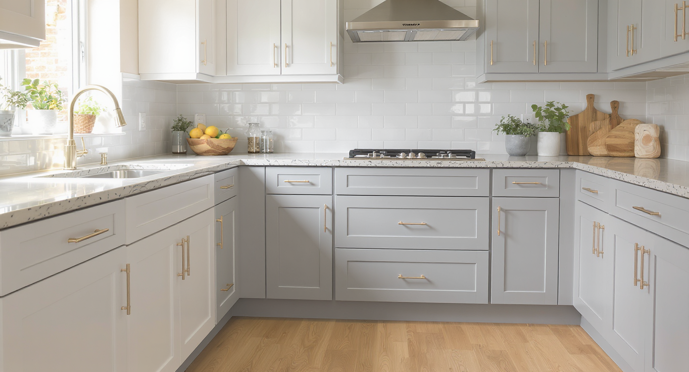 Luminous kitchen with white and gray shaker cabinets, natural stone countertops, subway backsplash, and subtle metal hardware in classic proportion.