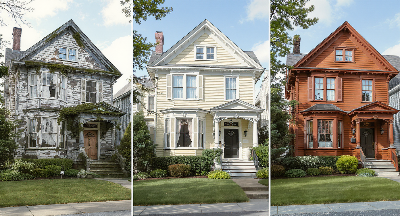Three historic-style home façades with clapboard, fiber cement, and cedar siding, photographed side by side, emphasize realistic material differences.