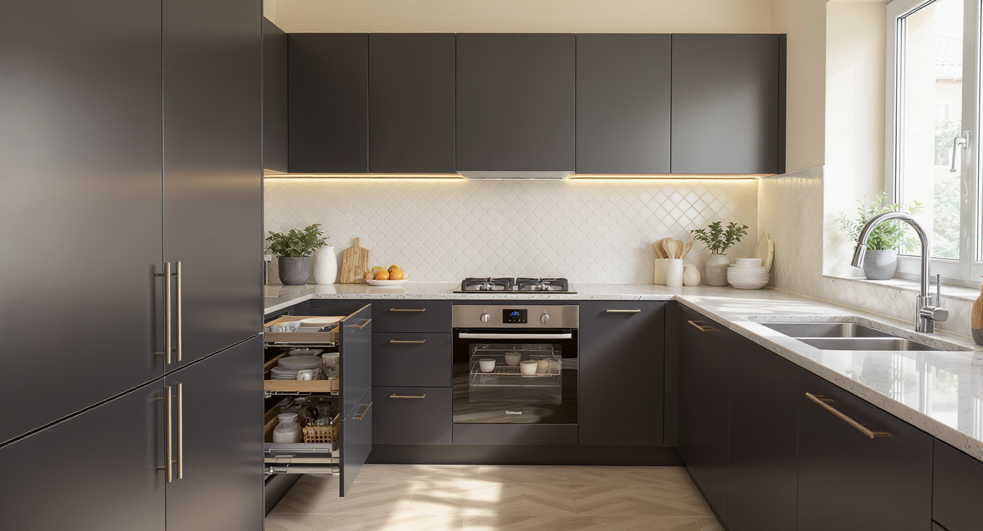 Compact modern kitchen with dark cabinets, light walls, and a creative patterned backsplash, lit by natural daylight, shown in realistic detail.