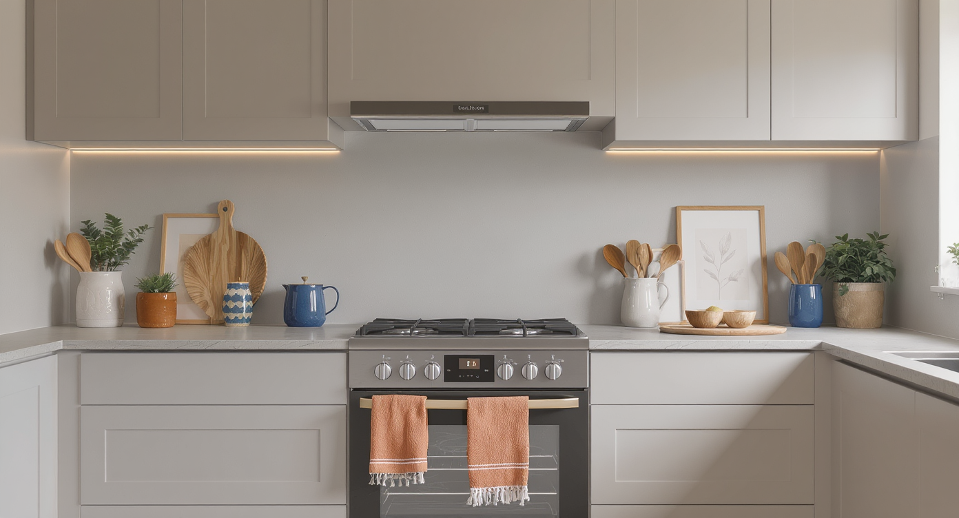 A modern compact kitchen shows a matte, neutral backsplash behind the range and small pops of color from textiles and accessories, no bold tiles.