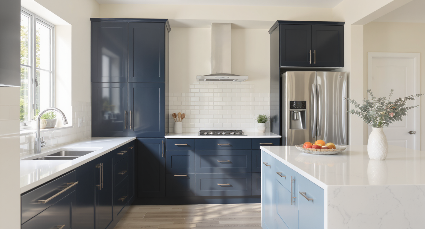 Compact kitchen featuring dark cabinets, pale cream walls, white subway tile backsplash, and a pale blue island, creating a balanced, airy look.