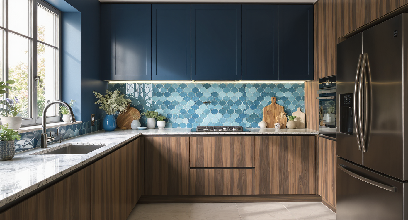 A compact kitchen displays dark cabinets, varied paint and backsplash samples, and a tablet showing a design interface under natural daylight.