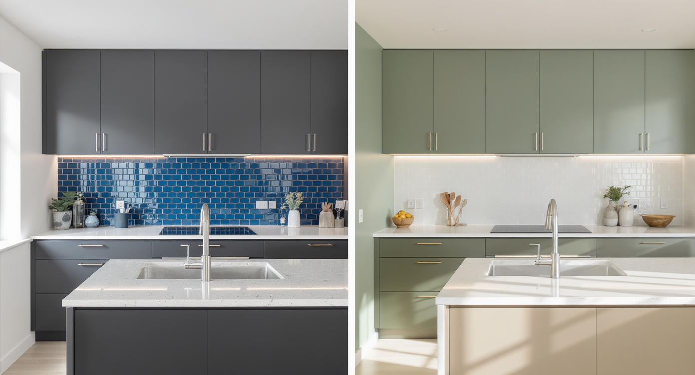 Side-by-side kitchens with dark cabinets; left: white walls, blue backsplash; right: sage walls, white backsplash, showing color decisions.