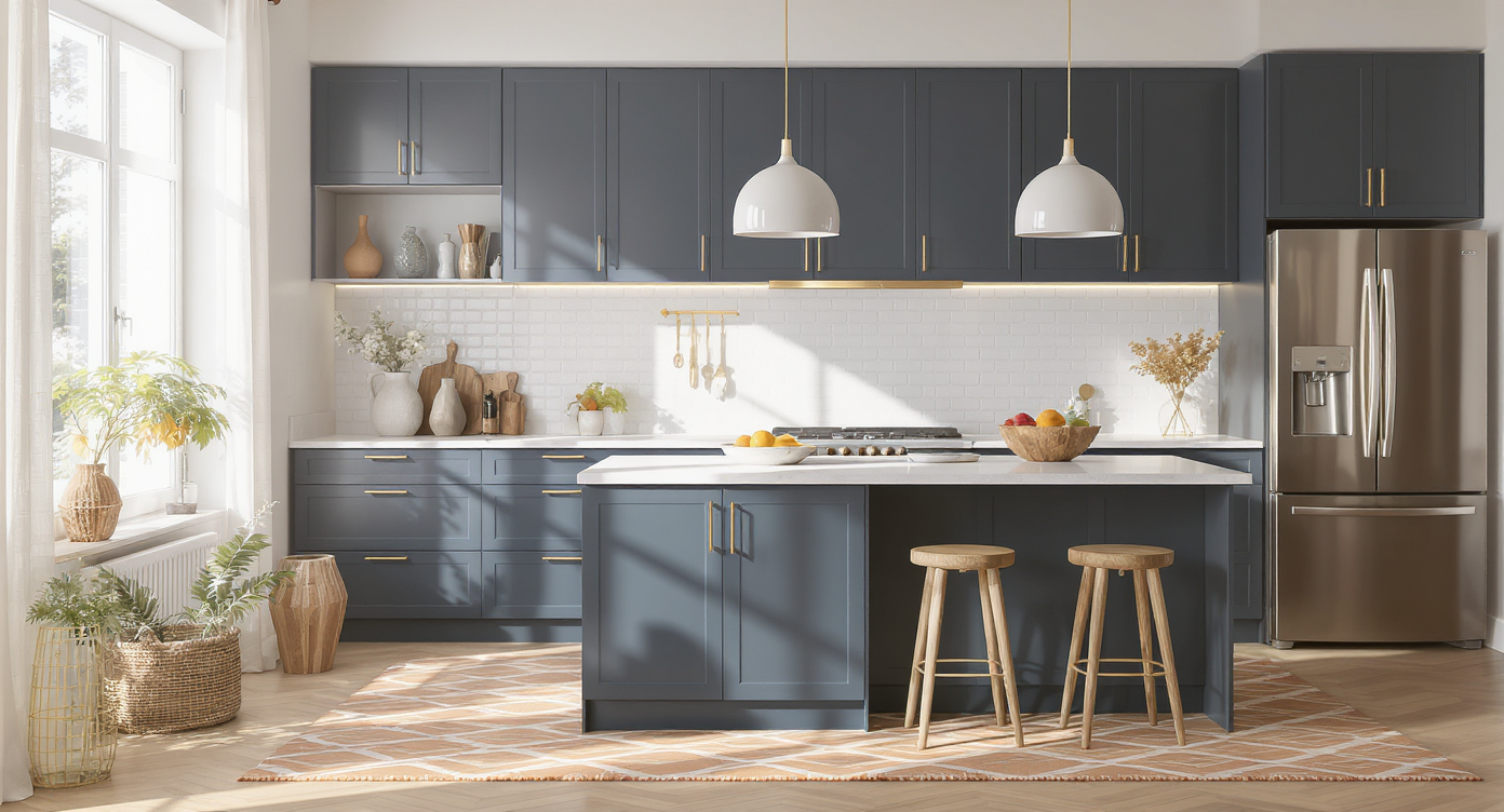 Bright compact kitchen with pale walls, dark cabinets, brass pulls, white backsplash, deep blue island, orange accents, and geometric runner.