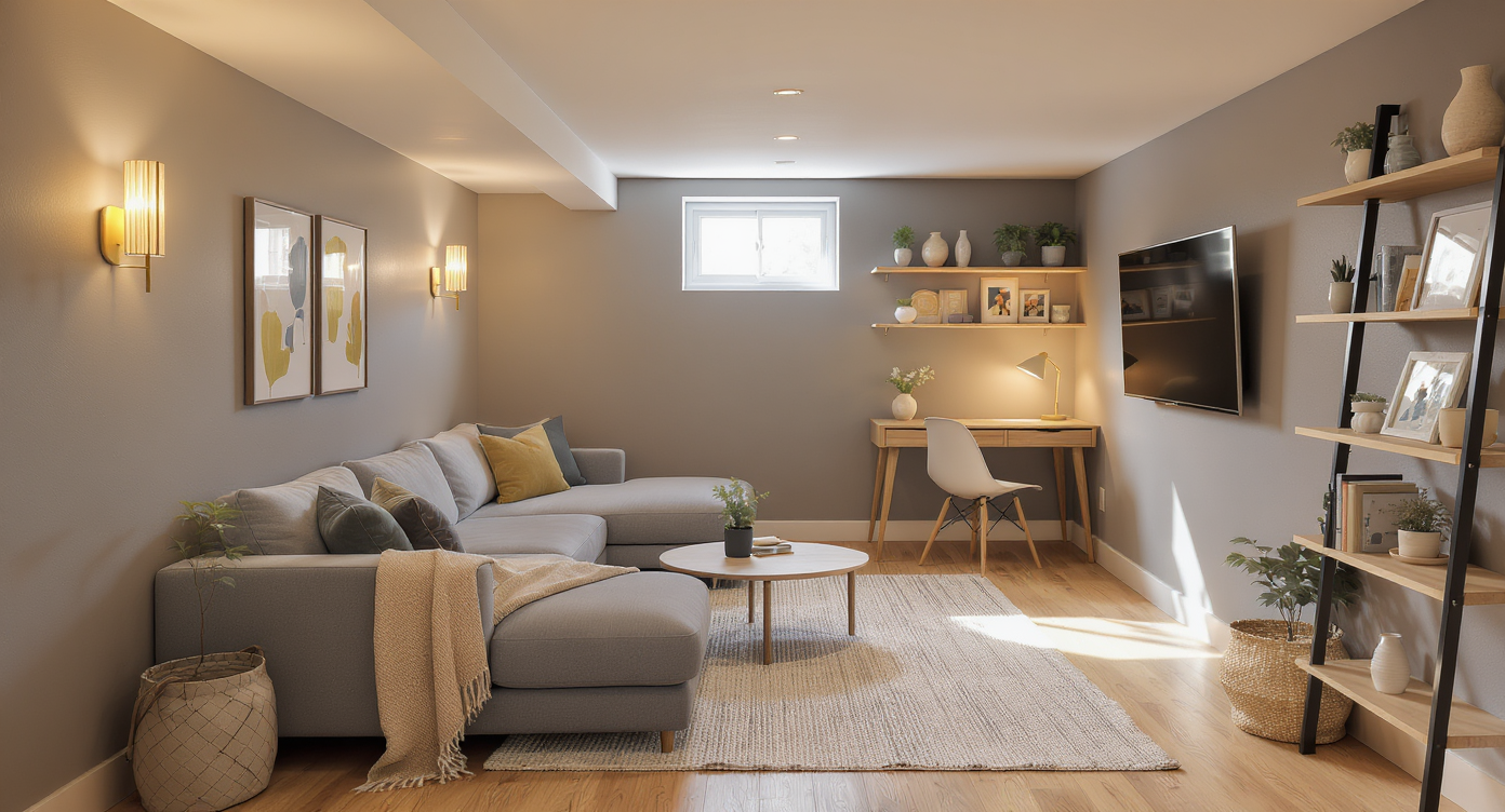 Photorealistic basement retreat with L-shaped sofa, textured rug, TV, windowed desk, floating shelves, and a cozy reading nook—no people.