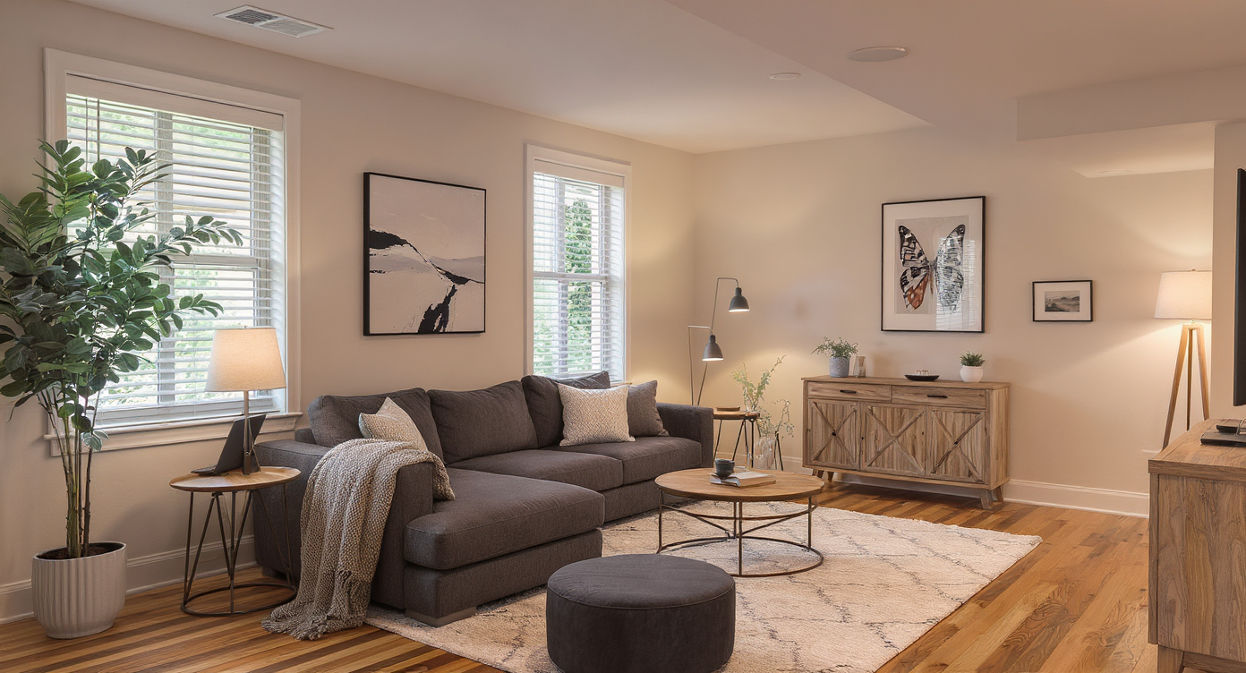 Photorealistic basement living space with scaled-down sofa, open walkways, greenery, textiles, layered lighting, and no cluttered corners.