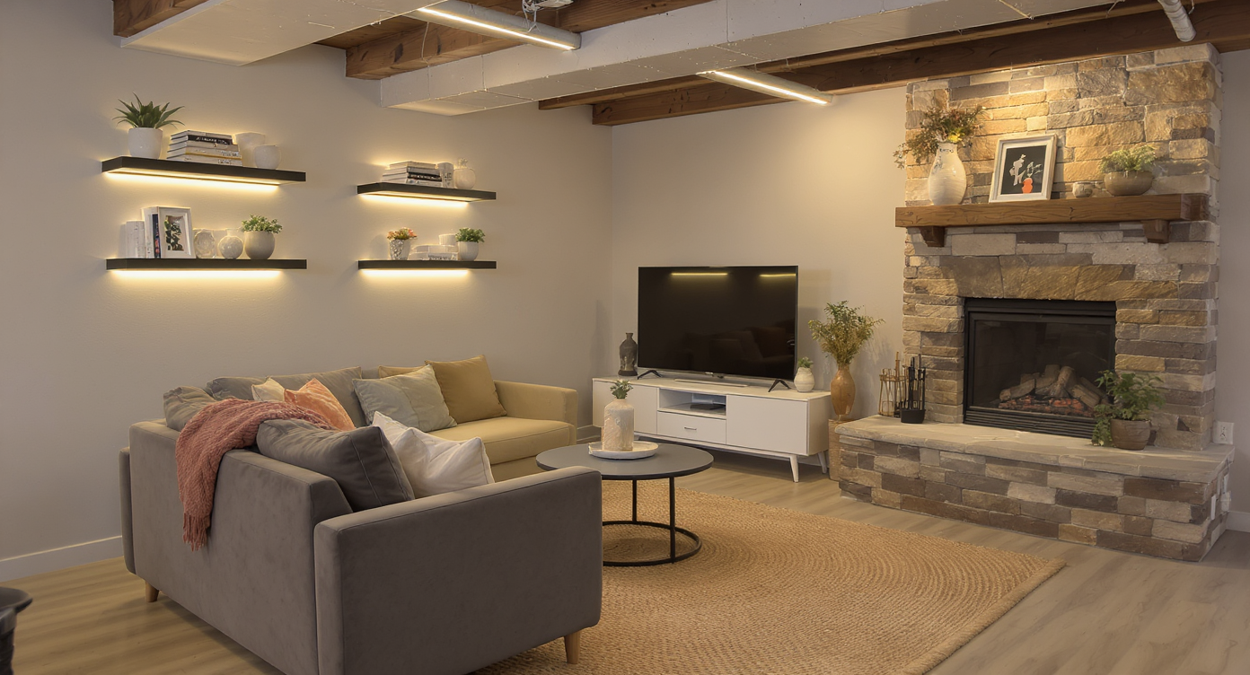A compact basement with L-shaped sofas, a media center away from the fireplace, wall shelving, and warm accent lighting in cozy corners.