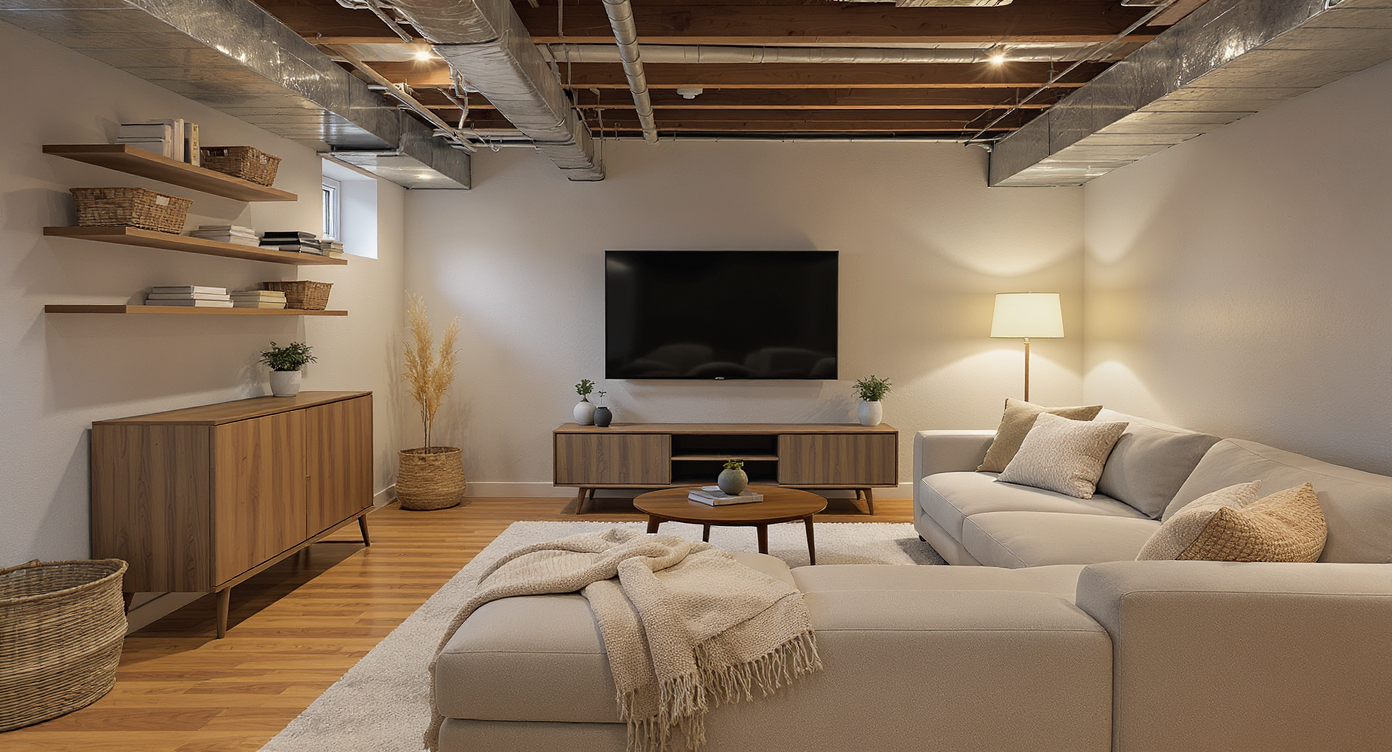 A modern basement retreat with modular sofa, wood coffee table, media console, shelves, warm lighting, and cozy textiles in a compact layout.